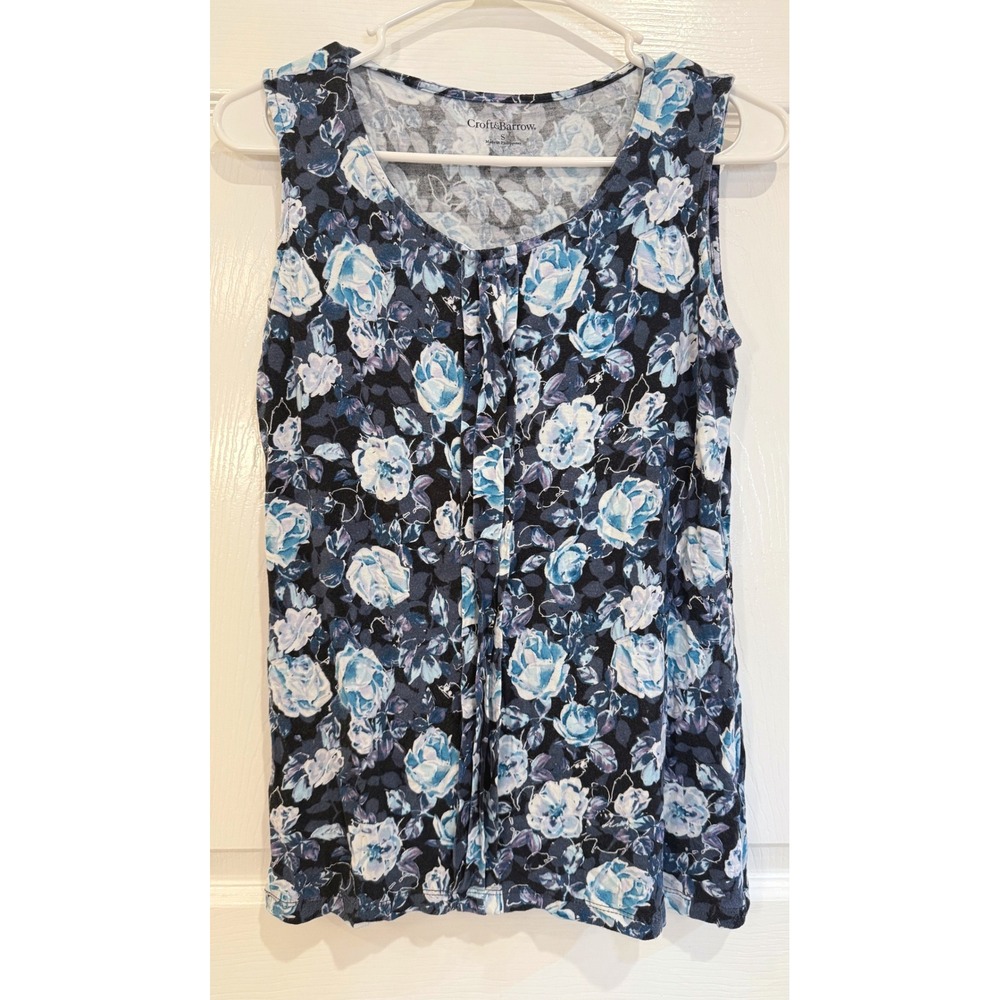 Croft & Barrow Floral Print Top Womens Small‎ Blue White Short Sleeve